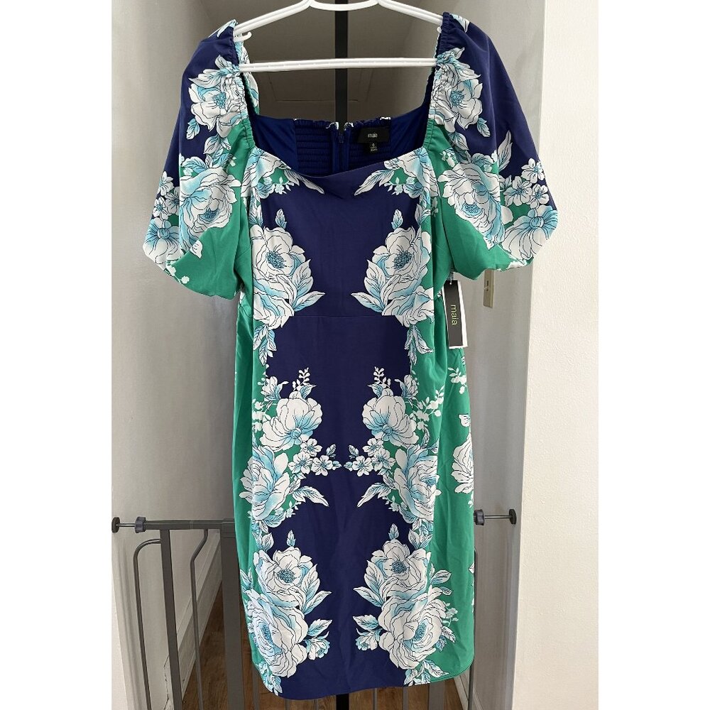 NWT Maia Womens Floral Print Dress Navy & Green Short Sleeve Smocked Bodice